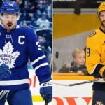 A split-screen photo showing Toronto Maple Leafs forward Auston Matthews in a blue jersey on the left, and Nashville Predators forward Filip Forsberg in a yellow jersey on the right, both on the ice during NHL games.