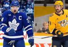 A split-screen photo showing Toronto Maple Leafs forward Auston Matthews in a blue jersey on the left, and Nashville Predators forward Filip Forsberg in a yellow jersey on the right, both on the ice during NHL games.