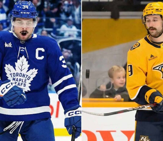 A split-screen photo showing Toronto Maple Leafs forward Auston Matthews in a blue jersey on the left, and Nashville Predators forward Filip Forsberg in a yellow jersey on the right, both on the ice during NHL games.