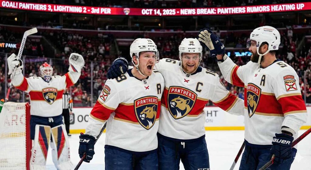Florida Panthers players Matthew Tkachuk (19), Aleksander Barkov (16), and Aaron Ekblad (5) celebrate a goal on the ice, shouting and hugging in their white away jerseys, while goaltender Sergei Bobrovsky is visible in the background near the net.