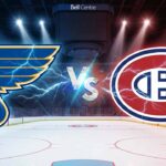 Promotional graphic for the NHL matchup featuring the St. Louis Blues logo colliding with the Montreal Canadiens logo, separated by a "VS" text with lightning effects over the ice rink at the Bell Centre.
