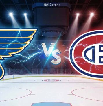 Promotional graphic for the NHL matchup featuring the St. Louis Blues logo colliding with the Montreal Canadiens logo, separated by a "VS" text with lightning effects over the ice rink at the Bell Centre.