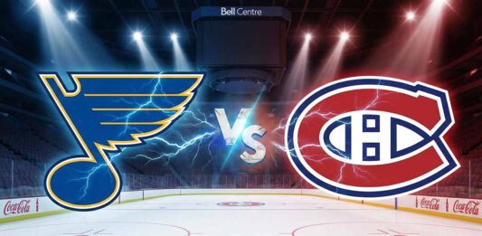 St. Louis Blues at Montreal Canadiens: TV, Stream & Game Preview (Is the Habs Streak Real?) Promotional graphic for the NHL matchup featuring the St. Louis Blues logo colliding with the Montreal Canadiens logo, separated by a "VS" text with lightning effects over the ice rink at the Bell Centre.