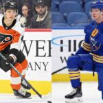 A split image featuring Philadelphia Flyers forward Trevor Zegras skating with the puck in a white uniform on the left, and Buffalo Sabres defenseman Rasmus Dahlin kneeling on the ice in a blue uniform on the right.