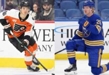 A split image featuring Philadelphia Flyers forward Trevor Zegras skating with the puck in a white uniform on the left, and Buffalo Sabres defenseman Rasmus Dahlin kneeling on the ice in a blue uniform on the right.