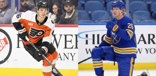A split image featuring Philadelphia Flyers forward Trevor Zegras skating with the puck in a white uniform on the left, and Buffalo Sabres defenseman Rasmus Dahlin kneeling on the ice in a blue uniform on the right.