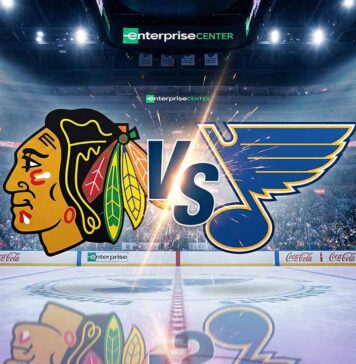 Rivalry Night: How to Watch Blackhawks vs. Blues on Friday, Dec. 12 Chicago Blackhawks and St. Louis Blues logos colliding on a hockey rink inside the Enterprise Center, with a large 'VS' between them and spotlights shining on the ice.
