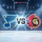 Widescreen graphic showing colliding St. Louis Blues and Ottawa Senators logos separated by a metallic "VS" inside the Canadian Tire Centre arena, featuring spotlights on the ice and Coca-Cola advertisements on the rink boards.