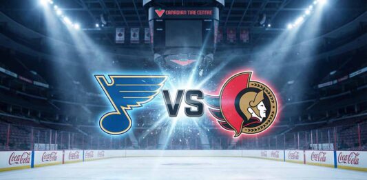 Widescreen graphic showing colliding St. Louis Blues and Ottawa Senators logos separated by a metallic "VS" inside the Canadian Tire Centre arena, featuring spotlights on the ice and Coca-Cola advertisements on the rink boards.