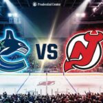 Canucks vs Devils TV Channel, Live Stream & Odds (Dec 14, 2025) A wide-angle view inside the Prudential Center arena, featuring the Vancouver Canucks and New Jersey Devils logos floating above the center-ice circle, separated by a large "VS" graphic. Spotlights illuminate the logos and the ice surface, which also shows the Devils' center-ice logo.
