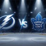 A stylized widescreen graphic showing the Tampa Bay Lightning logo and Toronto Maple Leafs logo colliding with a large "VS" between them at center ice of a dark hockey arena. Spotlights shine down on the logos, and Coca-Cola advertisements are visible on the rink boards in the background.