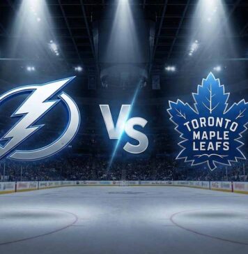 A stylized widescreen graphic showing the Tampa Bay Lightning logo and Toronto Maple Leafs logo colliding with a large "VS" between them at center ice of a dark hockey arena. Spotlights shine down on the logos, and Coca-Cola advertisements are visible on the rink boards in the background.