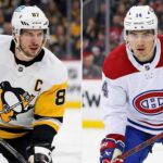 Split image featuring Pittsburgh Penguins captain Sidney Crosby on the left and Montreal Canadiens captain Nick Suzuki on the right, both on the ice in white jerseys.