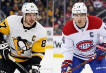 Split image featuring Pittsburgh Penguins captain Sidney Crosby on the left and Montreal Canadiens captain Nick Suzuki on the right, both on the ice in white jerseys.