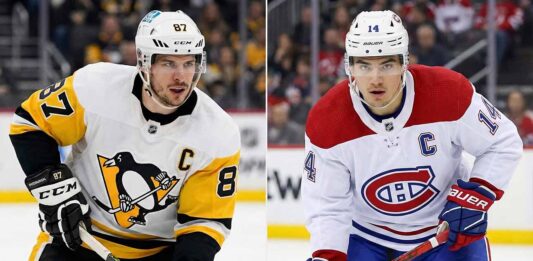Split image featuring Pittsburgh Penguins captain Sidney Crosby on the left and Montreal Canadiens captain Nick Suzuki on the right, both on the ice in white jerseys.