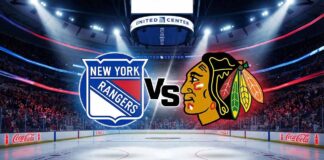 A stylized matchup graphic featuring the New York Rangers logo and the Chicago Blackhawks logo with "Vs" in the center, spotlighted over the ice at a packed United Center arena.