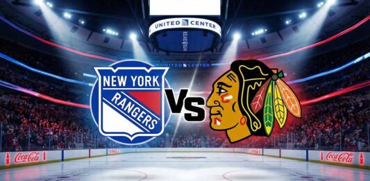 Rangers vs. Blackhawks TV Schedule: How to Watch, Odds & Prediction (Dec. 10, 2025) A stylized matchup graphic featuring the New York Rangers logo and the Chicago Blackhawks logo with "Vs" in the center, spotlighted over the ice at a packed United Center arena.