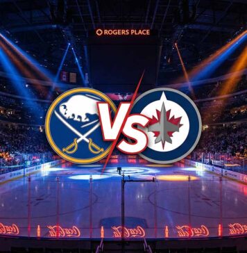 Sabres vs. Jets (Dec 5): Revenge Game? How to Watch & Bold Prediction A stylized hockey matchup graphic showing the colliding logos of the Buffalo Sabres and Winnipeg Jets with a 'VS' in the center, set against a dramatic spotlight-lit arena background with Coca-Cola board advertisements for the game on December 5, 2025.