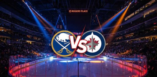 A stylized hockey matchup graphic showing the colliding logos of the Buffalo Sabres and Winnipeg Jets with a 'VS' in the center, set against a dramatic spotlight-lit arena background with Coca-Cola board advertisements for the game on December 5, 2025.