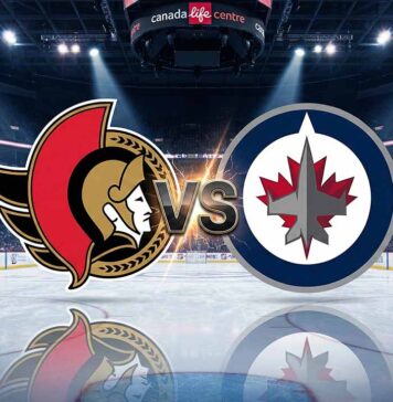 Ottawa Senators vs Winnipeg Jets matchup graphic, featuring both team logos colliding with 'VS' text in the center, set against the ice at Canada Life Centre.