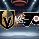 Flyers vs. Golden Knights: Can Philadelphia’s New Superstars Stun Vegas? A stylized widescreen graphic showing the Vegas Golden Knights logo and Philadelphia Flyers logo colliding with a large "VS" between them at center ice of a dark hockey arena. Spotlights shine down on the logos, and Coca-Cola advertisements are visible on the rink boards in the background.