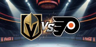 A stylized widescreen graphic showing the Vegas Golden Knights logo and Philadelphia Flyers logo colliding with a large "VS" between them at center ice of a dark hockey arena. Spotlights shine down on the logos, and Coca-Cola advertisements are visible on the rink boards in the background.