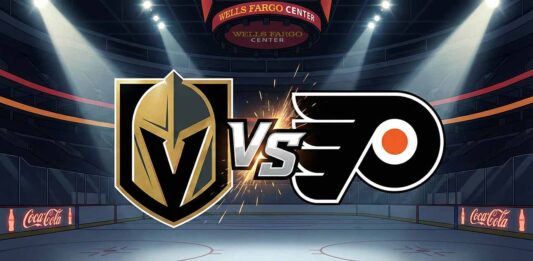 Flyers vs. Golden Knights: Can Philadelphia’s New Superstars Stun Vegas? A stylized widescreen graphic showing the Vegas Golden Knights logo and Philadelphia Flyers logo colliding with a large "VS" between them at center ice of a dark hockey arena. Spotlights shine down on the logos, and Coca-Cola advertisements are visible on the rink boards in the background.