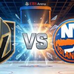 How to Watch Vegas Golden Knights vs. New York Islanders: TV, Time & Prediction (12/9/25) A stylized widescreen graphic showing the Vegas Golden Knights logo and New York Islanders logo colliding with a large "VS" between them at center ice of a dark hockey arena. Spotlights shine down on the logos, and Coca-Cola advertisements are visible on the rink boards in the background.