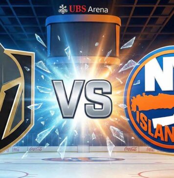 How to Watch Vegas Golden Knights vs. New York Islanders: TV, Time & Prediction (12/9/25) A stylized widescreen graphic showing the Vegas Golden Knights logo and New York Islanders logo colliding with a large "VS" between them at center ice of a dark hockey arena. Spotlights shine down on the logos, and Coca-Cola advertisements are visible on the rink boards in the background.