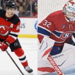 A split photograph featuring New Jersey Devils center Jack Hughes skating with the puck in his red jersey on the left side, and Montreal Canadiens goaltender Jacob Fowler in a butterfly stance guarding the net in his red jersey and mask on the right side.