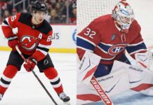A split photograph featuring New Jersey Devils center Jack Hughes skating with the puck in his red jersey on the left side, and Montreal Canadiens goaltender Jacob Fowler in a butterfly stance guarding the net in his red jersey and mask on the right side.