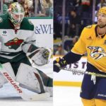 A split-screen photograph featuring Minnesota Wild goaltender Jesper Wallstedt on the left, who recently recorded his fourth shutout in six starts, and Nashville Predators forward Steven Stamkos on the right, who just reached the 1,200-point career milestone.