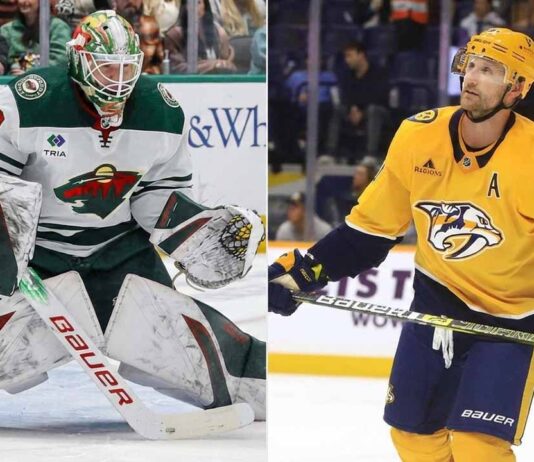 A split-screen photograph featuring Minnesota Wild goaltender Jesper Wallstedt on the left, who recently recorded his fourth shutout in six starts, and Nashville Predators forward Steven Stamkos on the right, who just reached the 1,200-point career milestone.