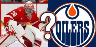 Split graphic featuring Detroit Red Wings goaltender John Gibson making a save on the left side, alongside the Edmonton Oilers team logo on the right side, with a large white question mark superimposed in the center symbolizing trade rumors between the two clubs.