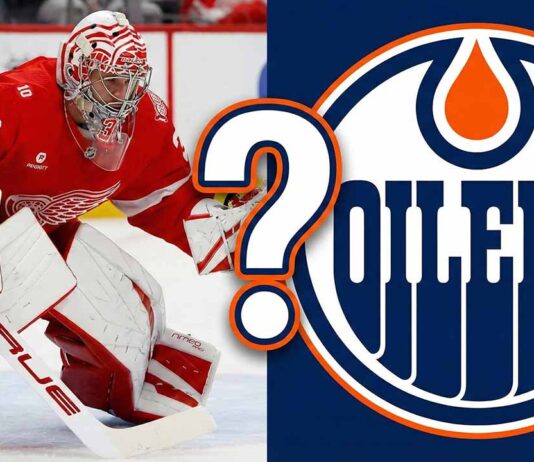 Rumor Mill: Is John Gibson Bound for Edmonton Despite Shutout Heroics? Split graphic featuring Detroit Red Wings goaltender John Gibson making a save on the left side, alongside the Edmonton Oilers team logo on the right side, with a large white question mark superimposed in the center symbolizing trade rumors between the two clubs.