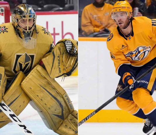 A split-frame sports photograph. On the left side, goaltender Marc-André Fleury wears his gold Vegas Golden Knights gear, crouching in front of the net. On the right side, forward Jonathan Marchessault, wearing a yellow Nashville Predators jersey and number 81, skates with the puck.