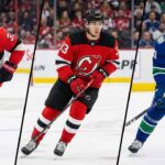 A three-panel split photograph showing NHL forward Jordan Kyrou on the ice. On the left panel, he is wearing a red Ottawa Senators jersey. In the center panel, he is wearing a red New Jersey Devils jersey. On the right panel, he is wearing a blue Vancouver Canucks jersey. He is skating and holding a hockey stick in all three frames.