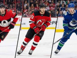 A three-panel split photograph showing NHL forward Jordan Kyrou on the ice. On the left panel, he is wearing a red Ottawa Senators jersey. In the center panel, he is wearing a red New Jersey Devils jersey. On the right panel, he is wearing a blue Vancouver Canucks jersey. He is skating and holding a hockey stick in all three frames.