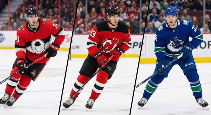 A three-panel split photograph showing NHL forward Jordan Kyrou on the ice. On the left panel, he is wearing a red Ottawa Senators jersey. In the center panel, he is wearing a red New Jersey Devils jersey. On the right panel, he is wearing a blue Vancouver Canucks jersey. He is skating and holding a hockey stick in all three frames.