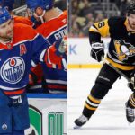 A split-screen photograph featuring two NHL players. On the left panel, Edmonton Oilers forward Leon Draisaitl (#29), wearing a blue jersey with an 'A', high-fives teammates on the bench. On the right panel, Pittsburgh Penguins forward Jason Zucker (#16), wearing a black jersey, skates intently on the ice during a game, holding his stick.