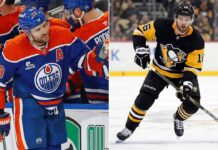 Is a Blockbuster Coming? Oilers Trade Rumors Heat Up & Weekend NHL Scores A split-screen photograph featuring two NHL players. On the left panel, Edmonton Oilers forward Leon Draisaitl (#29), wearing a blue jersey with an 'A', high-fives teammates on the bench. On the right panel, Pittsburgh Penguins forward Jason Zucker (#16), wearing a black jersey, skates intently on the ice during a game, holding his stick.