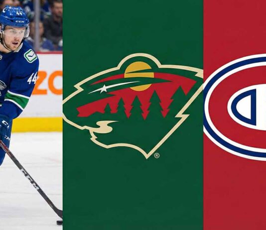 A split photo of Kiefer Sherwood, the Wild logo, and the Habs logo