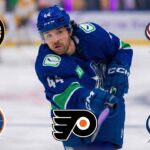 Vancouver Canucks forward Kiefer Sherwood (#44) in action on the ice, surrounded by the superimposed logos of five potential NHL trade suitors: the Boston Bruins, Columbus Blue Jackets, New York Islanders, Philadelphia Flyers, and Tampa Bay Lightning.