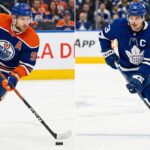 A split-screen photograph comparing Edmonton Oilers forward Leon Draisaitl (left) in a blue and orange jersey and Toronto Maple Leafs forward Auston Matthews (right) in a blue and white jersey.