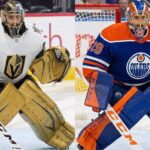 A split-screen image showing goaltender Marc-Andre Fleury in the butterfly position. The left side shows him in a white and gold Vegas Golden Knights uniform with gold pads. The right side shows him in a blue and orange Edmonton Oilers uniform with matching blue and orange pads.