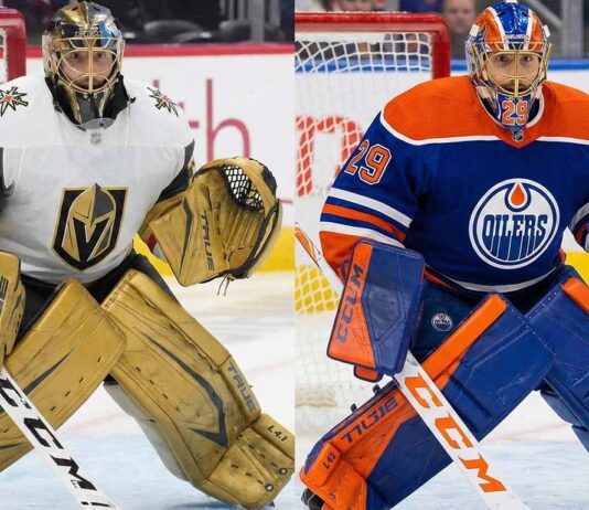 A split-screen image showing goaltender Marc-Andre Fleury in the butterfly position. The left side shows him in a white and gold Vegas Golden Knights uniform with gold pads. The right side shows him in a blue and orange Edmonton Oilers uniform with matching blue and orange pads.