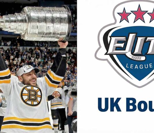Milan Lucic Reportedly Heading to the UK: A Desperate Move or a Love for the Game? Split image showing former Boston Bruins forward Milan Lucic smiling and hoisting the Stanley Cup over his head on the left, alongside the Elite Ice Hockey League logo and large text reading "UK Bound" on the right, indicating his new contract destination.