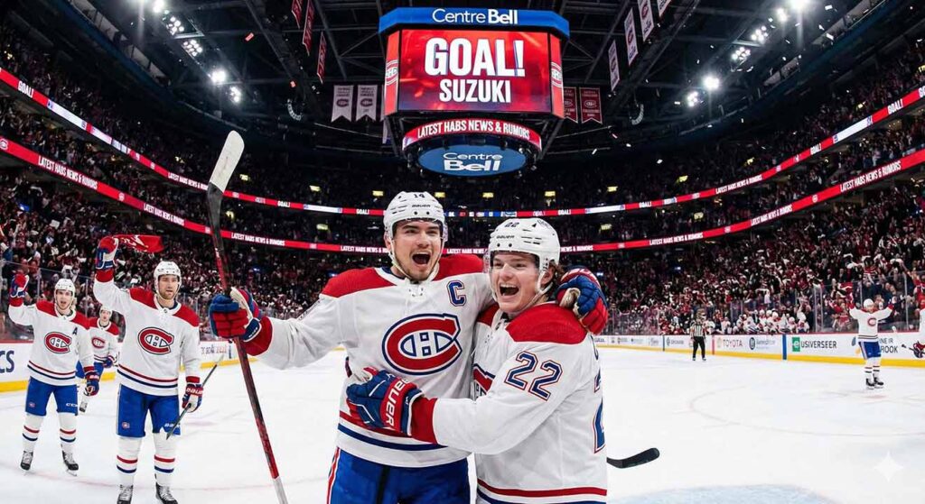 Nick Suzuki and Cole Caufield celebrating a goal at the Bell Centre, representing the latest Montreal Canadiens news and rumors.