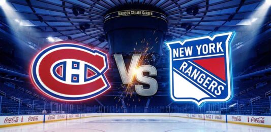 Montreal Canadiens vs New York Rangers game preview graphic featuring team logos colliding at Madison Square Garden for Saturday December 13 2025 NHL matchup