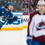 A split photograph featuring Vancouver Canucks captain Quinn Hughes skating in a blue uniform on the left panel, alongside Colorado Avalanche alternate captain Nathan MacKinnon standing in a white uniform on the right panel.